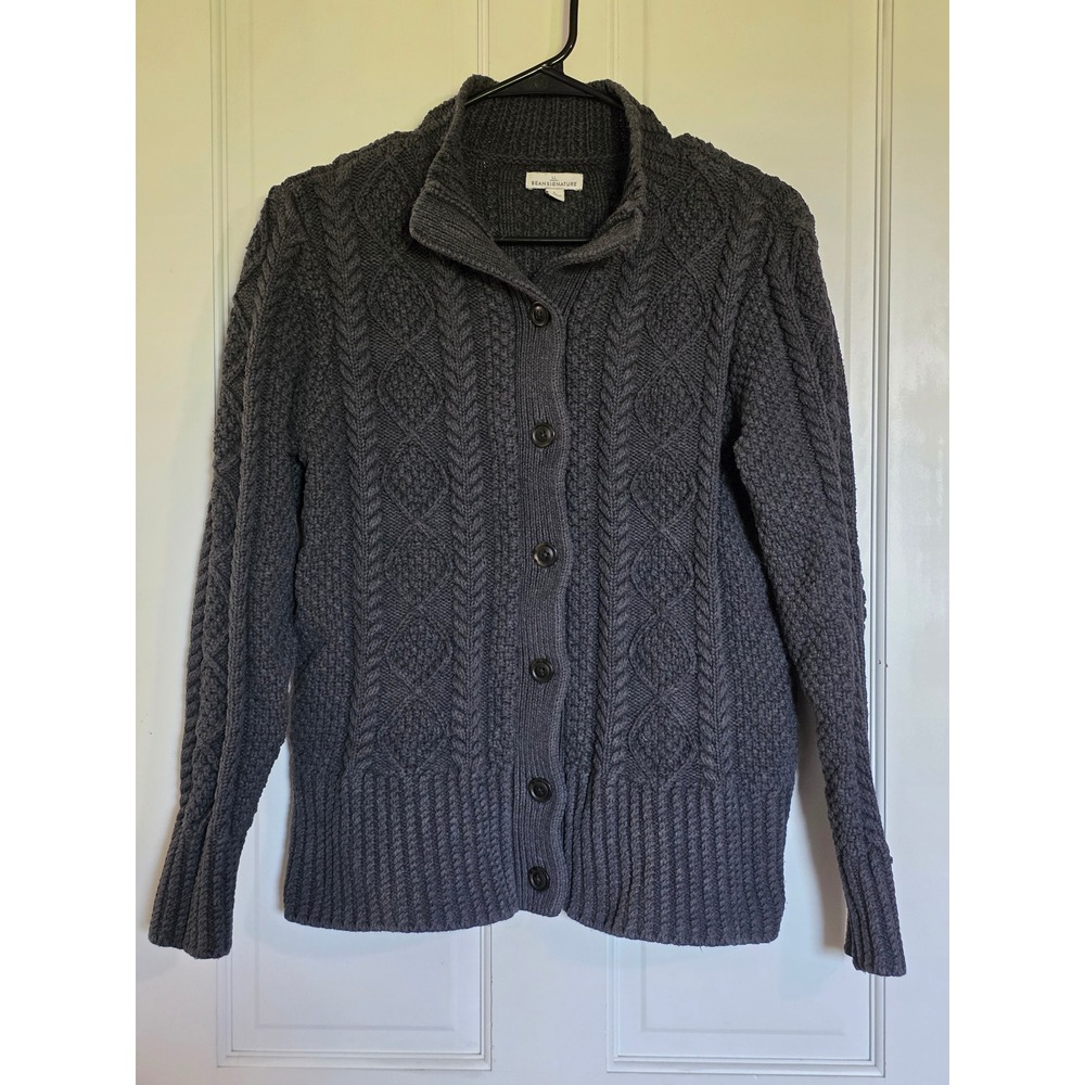 L.L. Bean Signature Womens Large Gray Cable Knit Cotton Cardigan Sweater 507594